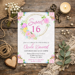 Invitation Couronne aquarelle rose et jaune Sweet 16