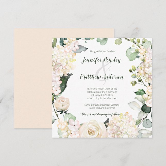 Invitation Couronne aquarelle rose pâle blanc crème | (Devant / Derrière)