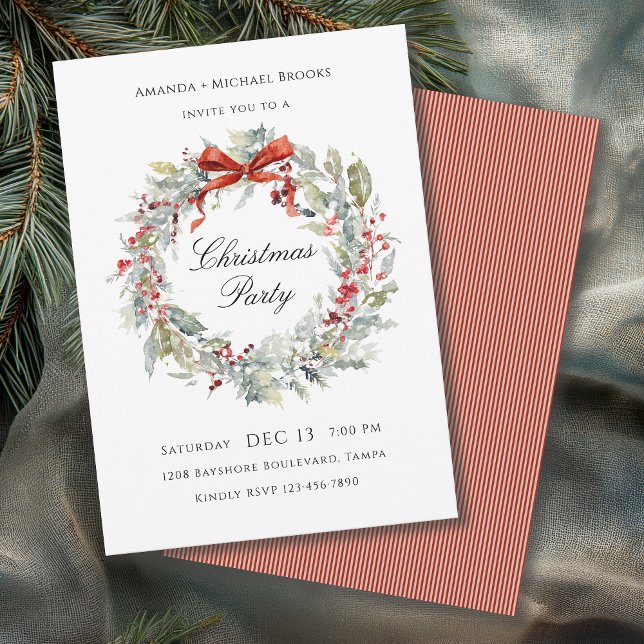 Invitation Couronne aquarelle ruban rouge fête de Noël (Available in both printed and instant download digital formats.)