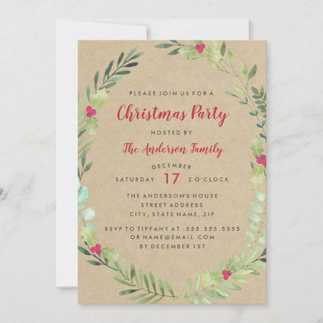 Invitation Couronne aquarelle rustique festive pour la fête d (Devant)