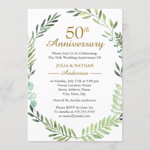 Invitation Couronne aquarelle verte 50e anniversaire de maria
