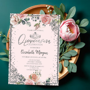 Invitation Couronne argentée chic, Roses roses diamantées Qui
