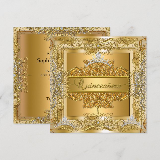 Invitation Couronne argentée dorée pour les 15 ans de Quincea (Devant / Derrière)