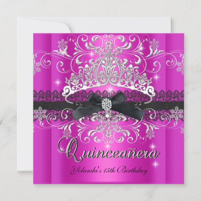 Invitation Couronne argentée et rose pailletée pour Quinceane (Devant)