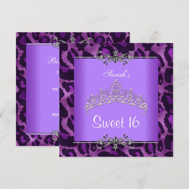 Invitation Couronne argentée léopard violet pour 16 ans (Devant / Derrière)