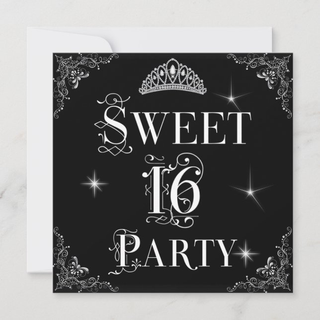 Invitation Couronne argentée noire et blanche pour Sweet 16 (Devant)