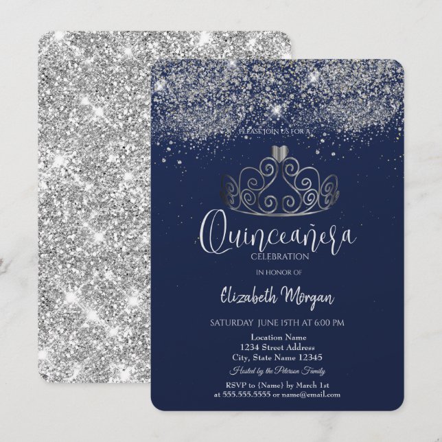Invitation Couronne argentée pailletée confettis  Bleu Quince (Devant / Derrière)