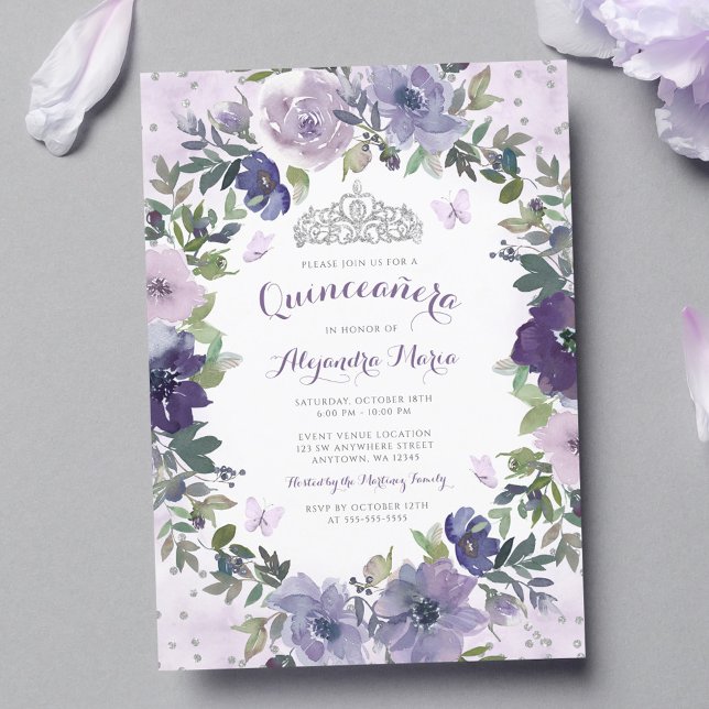 Invitation Couronne argentée papillon floral violet Quinceane (Créateur téléchargé)