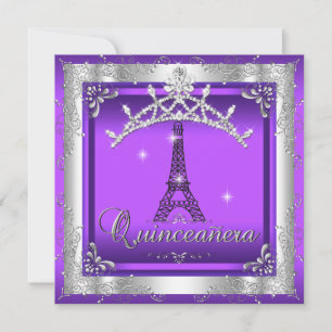 Invitation Couronne argentée tour Eiffel Quinceanera 15 viole