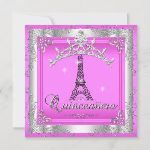 Invitation Couronne argentée Tour Eiffel rose pour Quinceaner