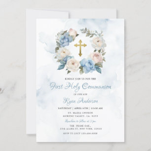 Invitation Couronne bleu rose première communion sainte