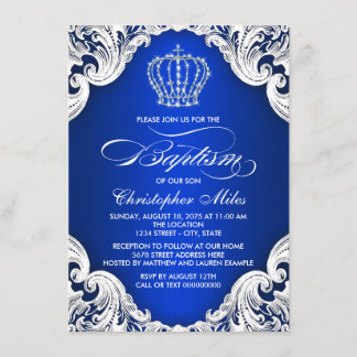 Invitation Couronne Bleu Royal Baptême Garçon