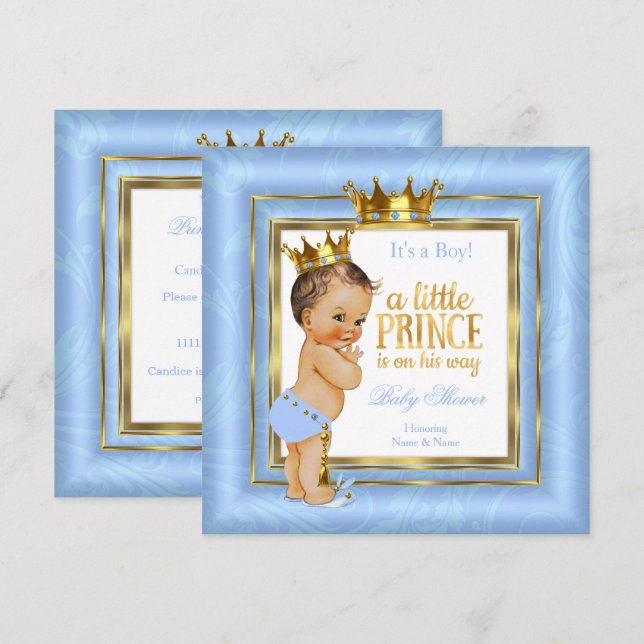 Invitation Couronne bleue blanche or prince bébé Brunette (Devant / Derrière)