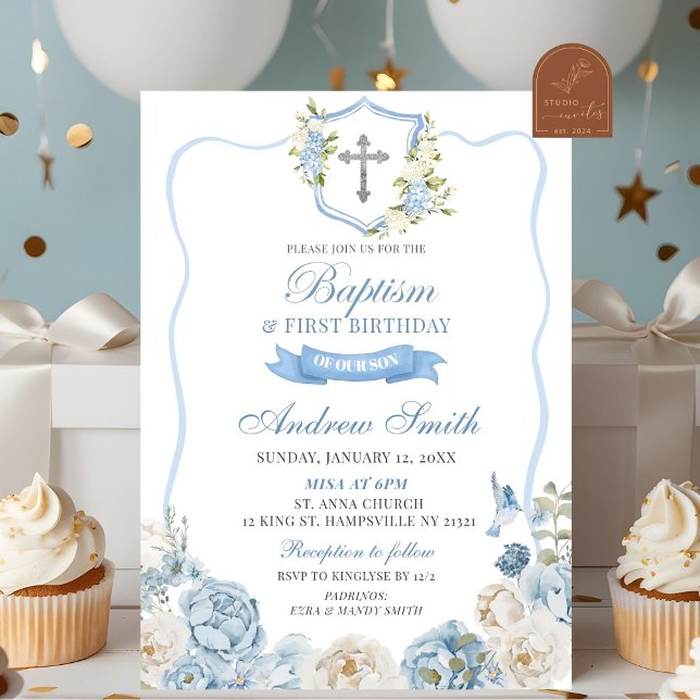 Invitation Couronne bleue et baptême floral & Premier anniver (Créateur téléchargé)