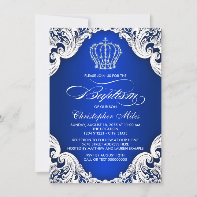 Invitation Couronne Bleue Royale Garçon Baptême (Devant)