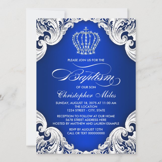 Invitation Couronne Bleue Royale Garçon Baptême (Devant)