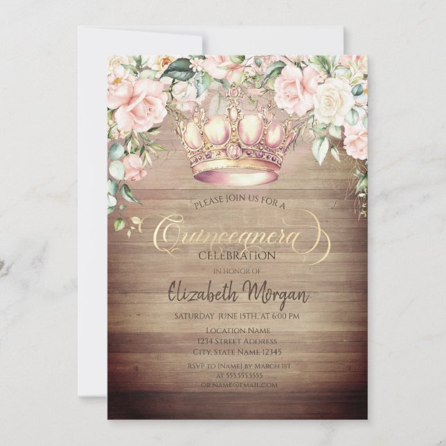 Invitation Couronne Boho Roses Bois Quinceañera (Devant)