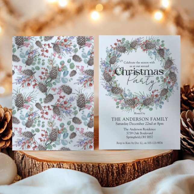 Invitation Couronne botanique de fête de Noël à l'aquarelle (Créateur téléchargé)