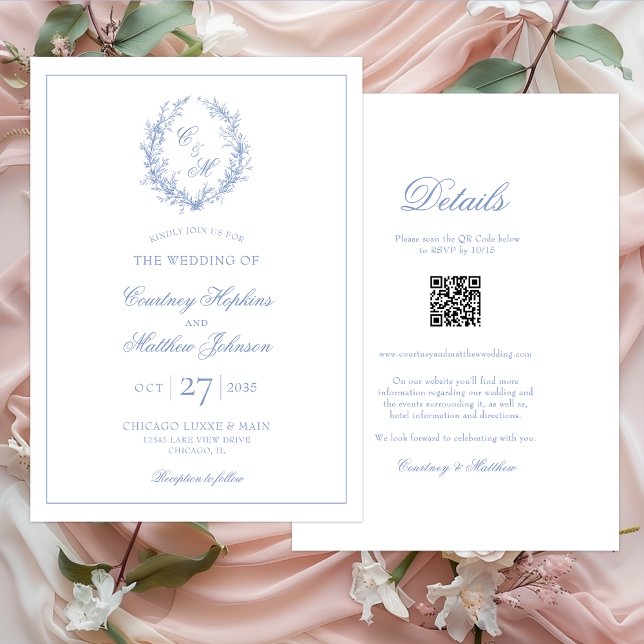 Invitation Couronne botanique de monogramme bleu poussiéreux  (Créateur téléchargé)