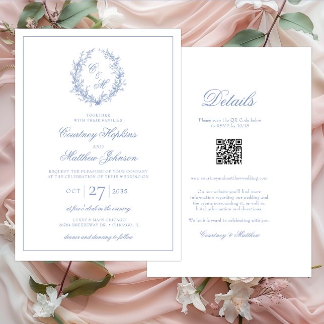 Invitation Couronne botanique monogramme bleu poussiéreux tou (Créateur téléchargé)