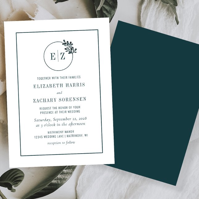 Invitation Couronne botanique monogramme vert émeraude pour m (Créateur téléchargé)