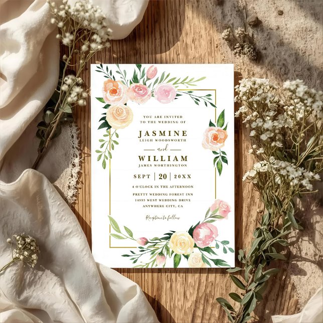 Invitation Couronne botanique rose mariage code QR rustique (Créateur téléchargé)
