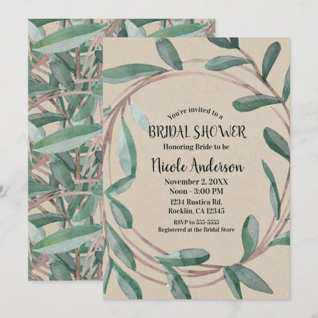 Invitation Couronne botanique rustique Kraft pour fête de mar (Devant / Derrière)