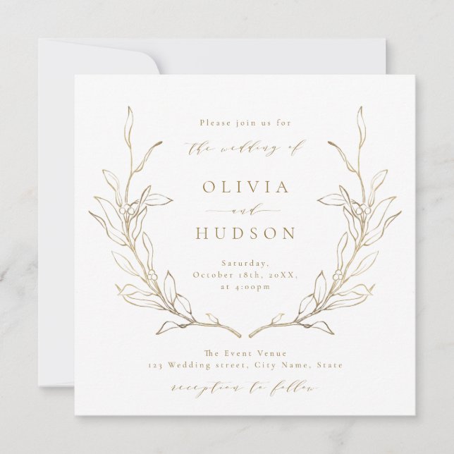 Invitation Couronne botanique simple or mariage rustique (Devant)