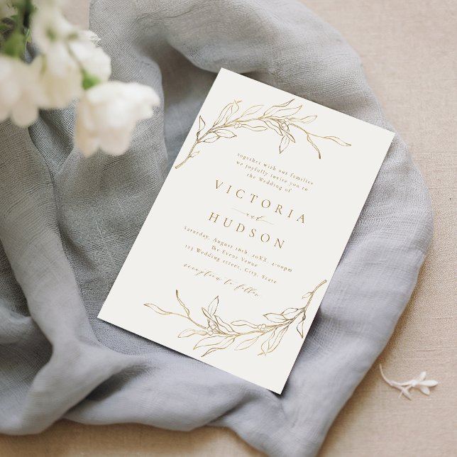 Invitation Couronne botanique simple or mariage rustique (Gold simple botanical wreath rustic wedding invitation)