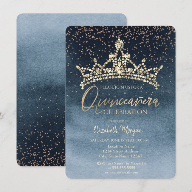 Invitation Couronne chic confettis bleu marine Quinceañera  (Devant / Derrière)
