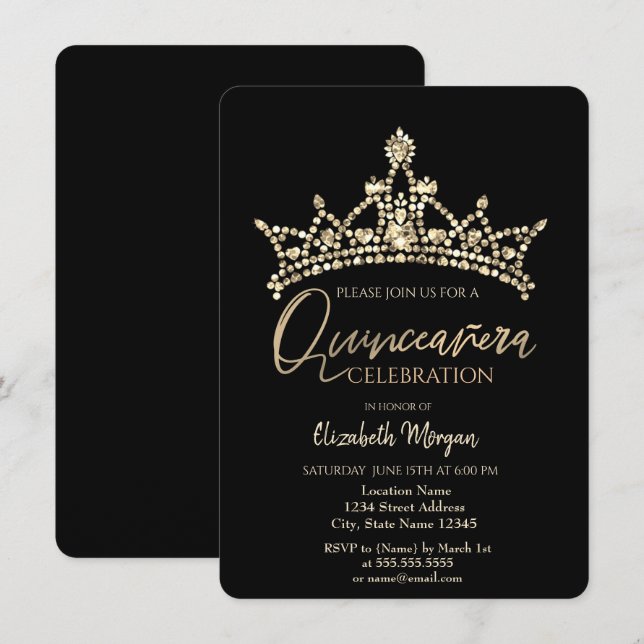 Invitation Couronne chic confettis noir Quinceañera   (Devant / Derrière)