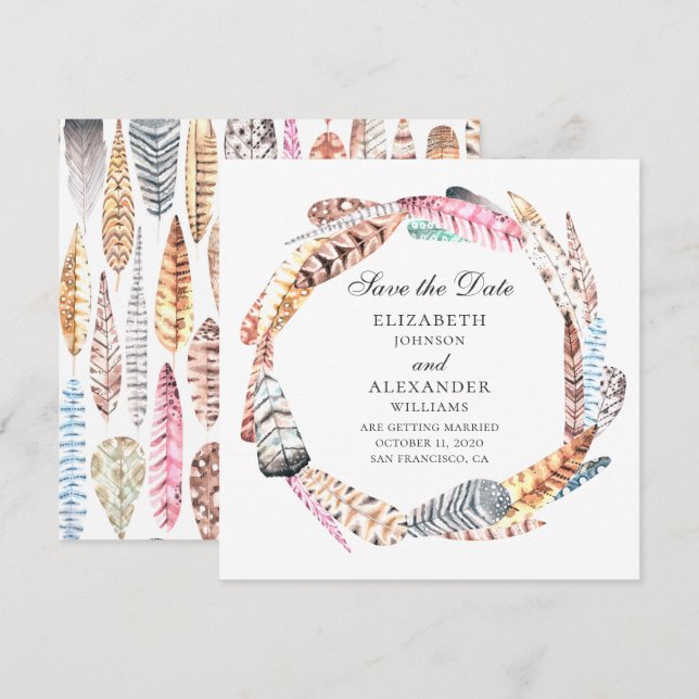 Invitation Couronne chic de plumes. Économisez la date boho d (Devant / Derrière)
