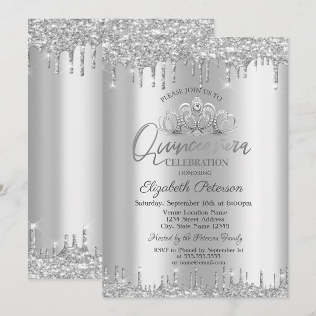 Invitation Couronne chic, gouttes de paillettes d'argent Quin (Devant / Derrière)