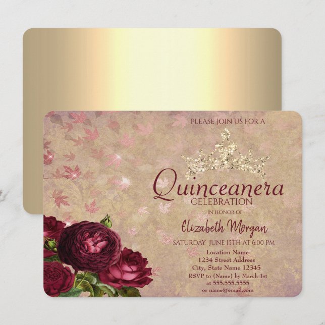Invitation Couronne chic roses rouges Quinceañera    (Devant / Derrière)