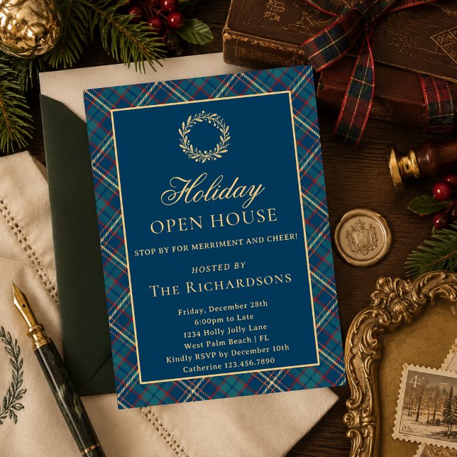 Invitation Couronne classique bleu carreau de Noël Maison ouv (Créateur téléchargé)
