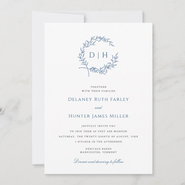 Invitation Couronne Classique Monogramme Mariage Navy (Devant)
