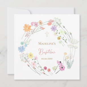 Invitation Couronne colorée de fleurs sauvages pour baptême