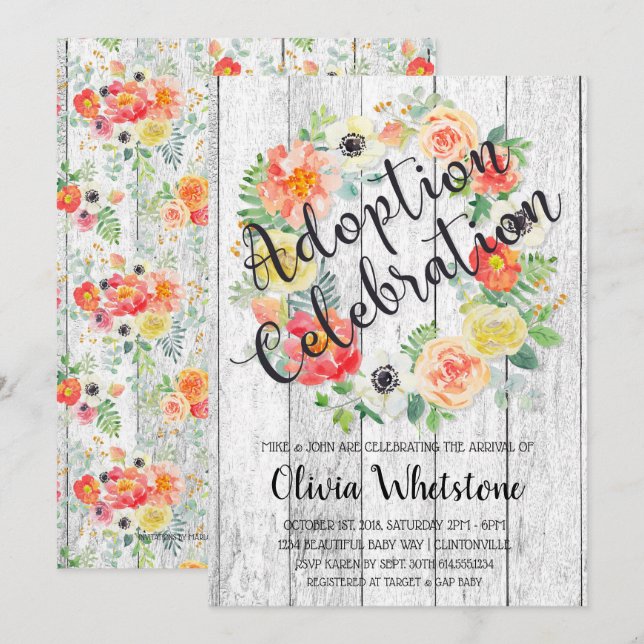 Invitation Couronne d'adoption aquarelle orange et jaune (Devant / Derrière)