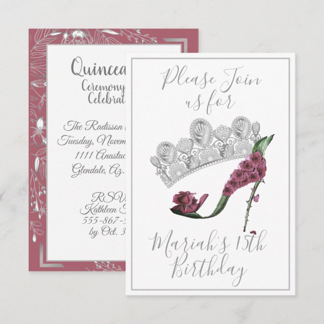 Invitation Couronne d'argent, chaussure à talon haut Floral F (Devant / Derrière)