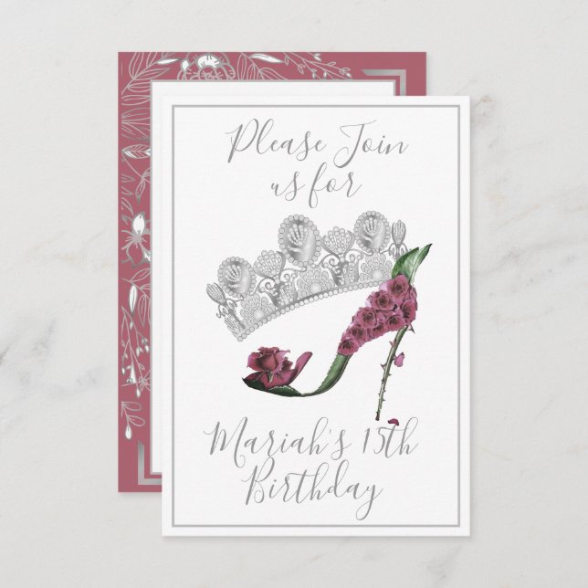 Invitation Couronne d'argent, chaussure à talon haute en fée  (Devant / Derrière)