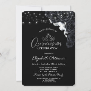 Invitation Couronne d'argent, Lumières Roses Noires Quinceañe
