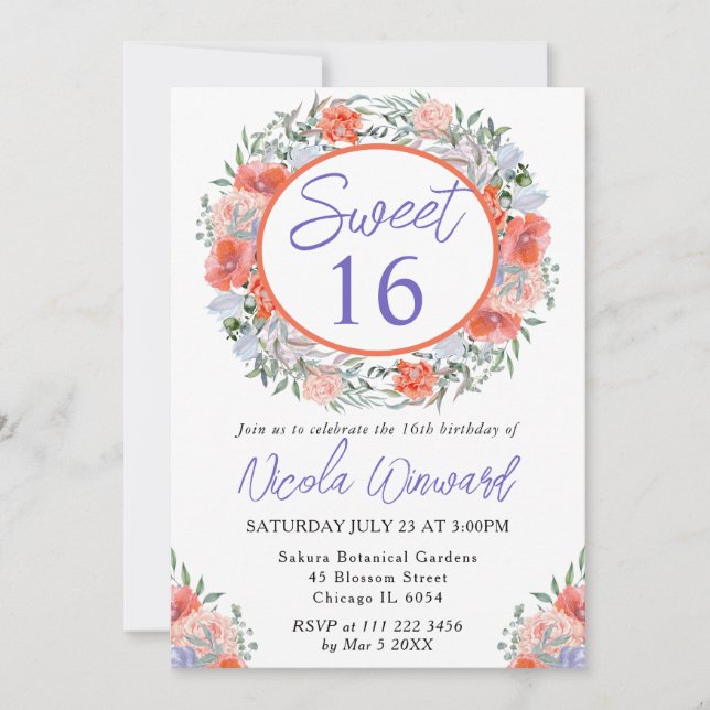Invitation Couronne de 16 ans douce à l'aquarelle orange et v (Devant)