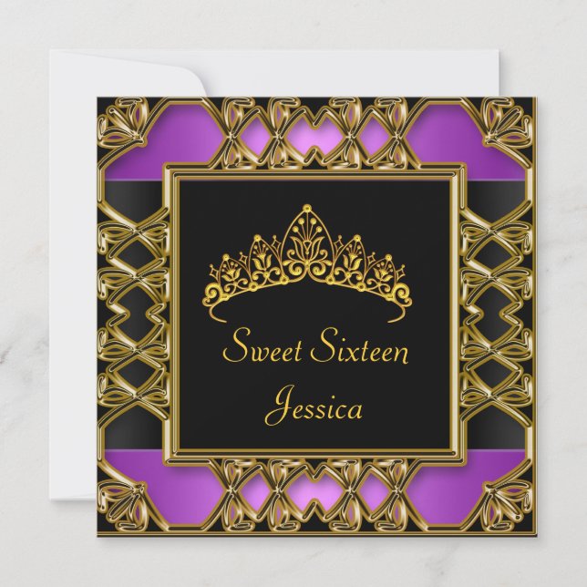 Invitation Couronne de 16 ans noir violet or pour anniversair (Devant)