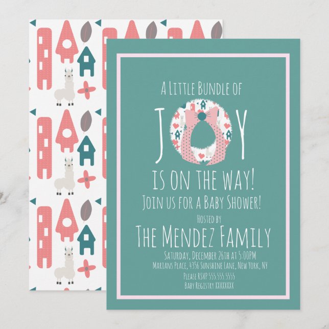 Invitation Couronne de Baby Shower Llama de Noël Bundle Joie (Devant / Derrière)