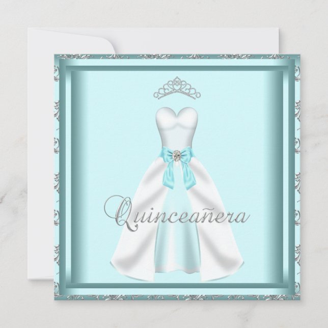 Invitation Couronne de bal Quinceanera Damassé Sarcelle Robe  (Devant)