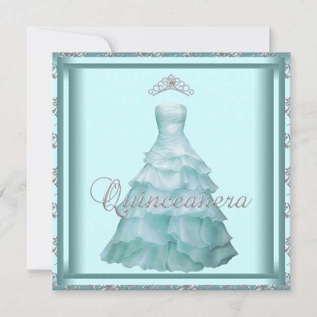 Invitation Couronne de bal Quinceanera Damassé Sarcelle Robe  (Devant)