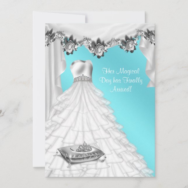 Invitation Couronne de ballicieuse robe blanche Rose sarcelle (Devant)