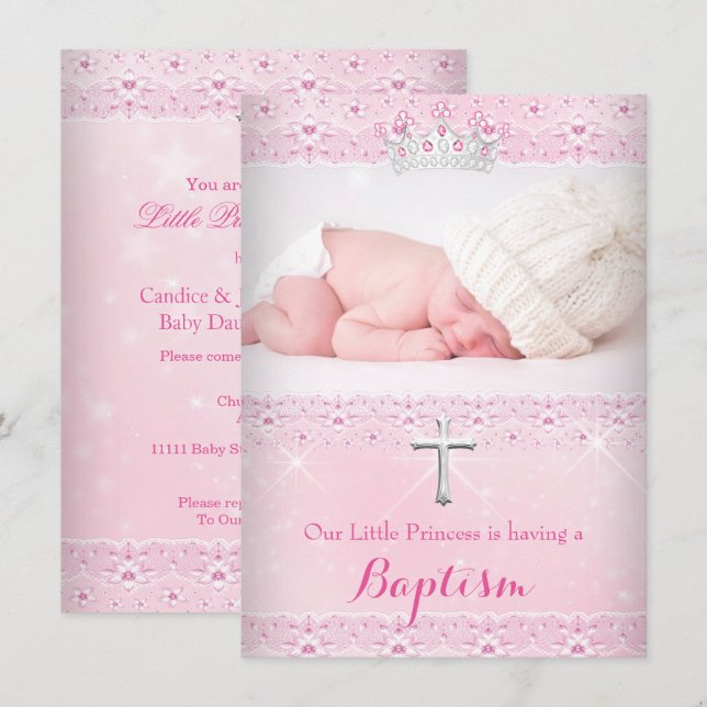 Invitation Couronne de baptême bébé fille rose (Devant / Derrière)