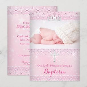 Invitation Couronne de baptême bébé fille rose
