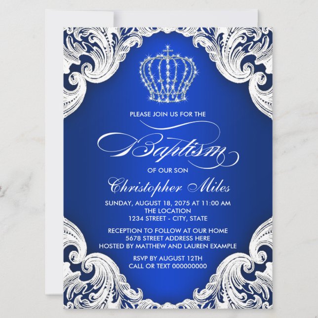 Invitation Couronne de baptême bleu royal (Devant)